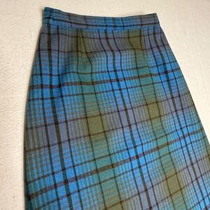Vintage Wool Plaid Midi Skirt Blue Green Brown Classic Tartan Button Waist